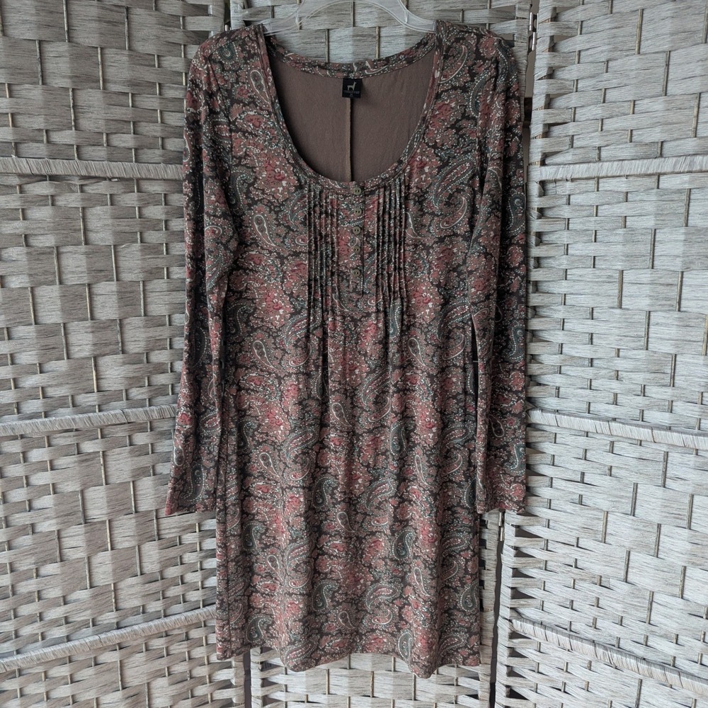 Peruvian Connection Dress Brown Paisley Long Sleeve Boho Soft Comfy Stretch Med‎